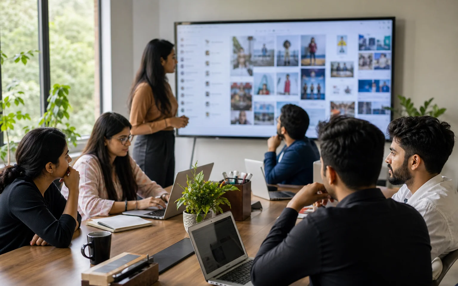 A digital marketing team working around laptops in a bright modern office