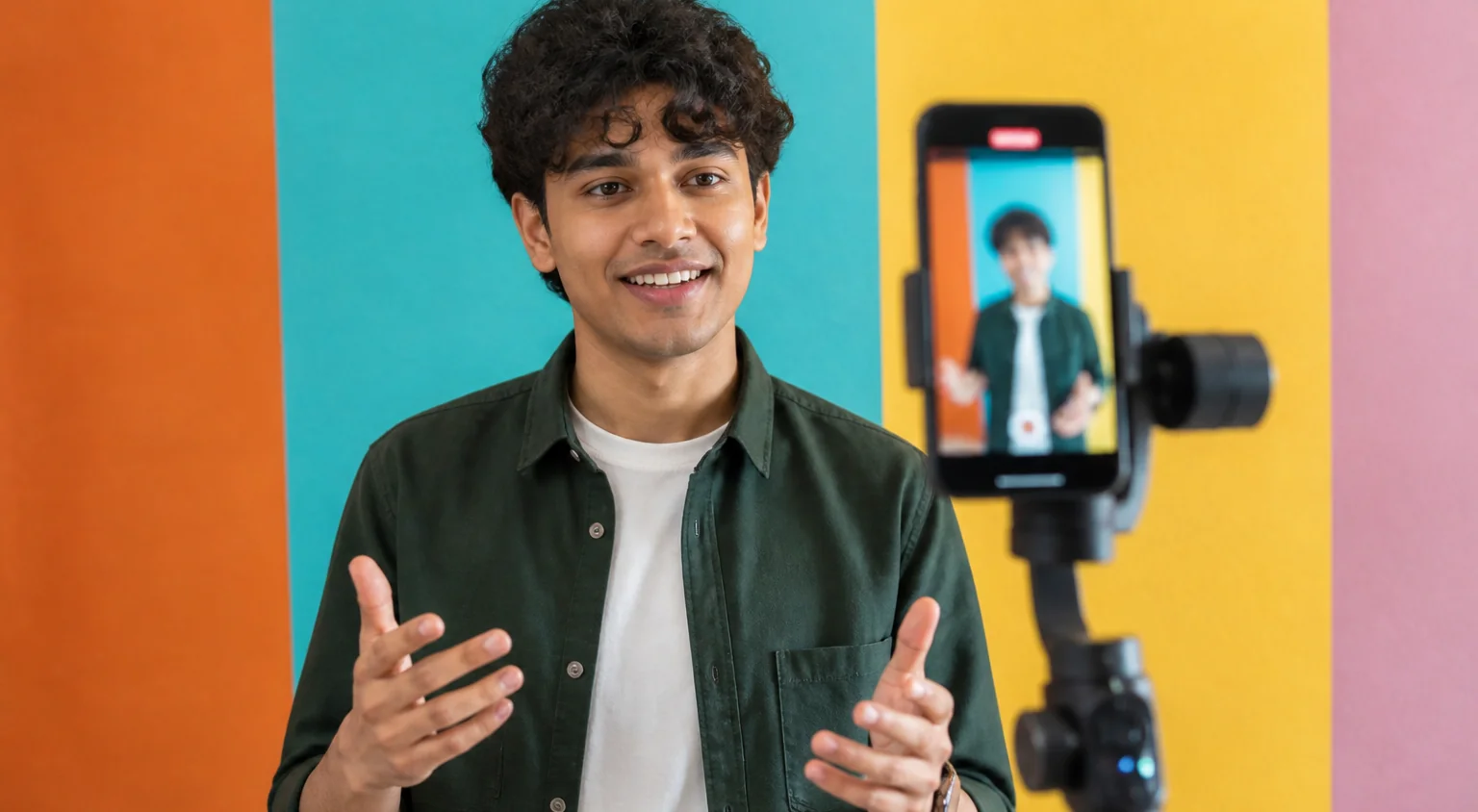A creator filming short-form video against a colourful backdrop