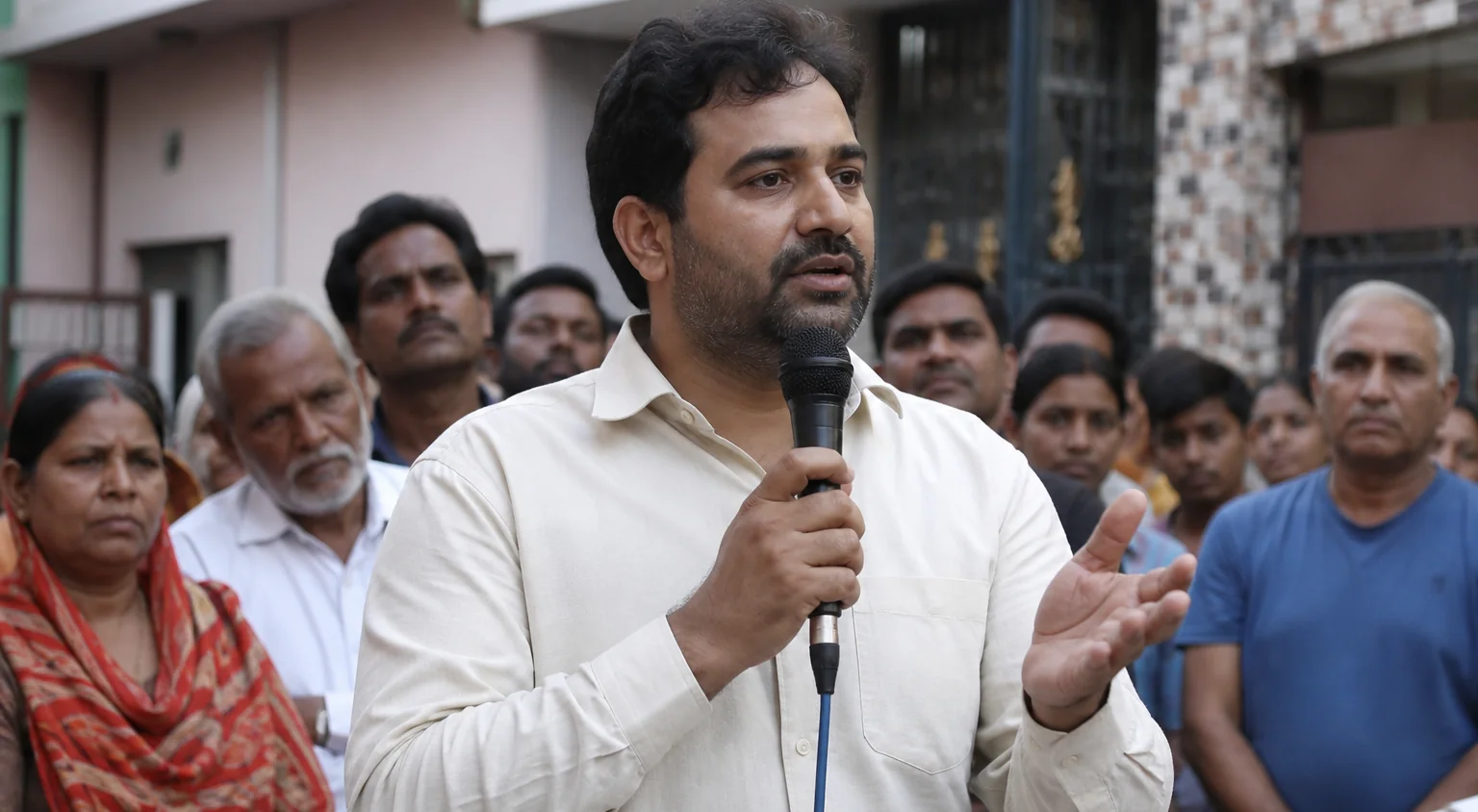 A generic neighbourhood speaker addressing residents with a handheld microphone in an Indian street