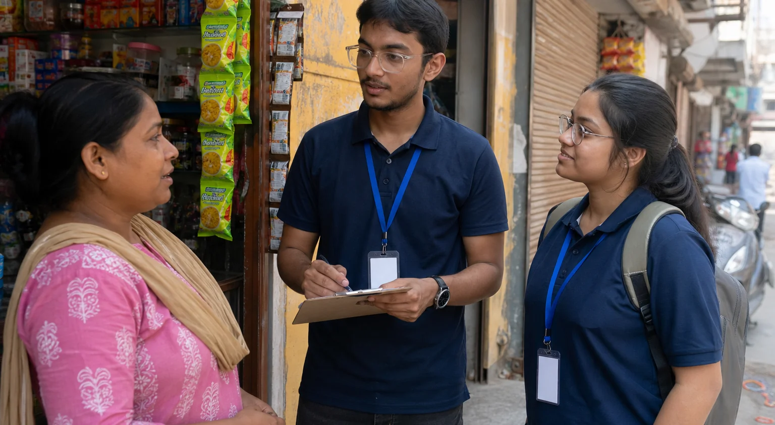 Campaign volunteers with clipboards speaking with a shopkeeper on a neighbourhood street