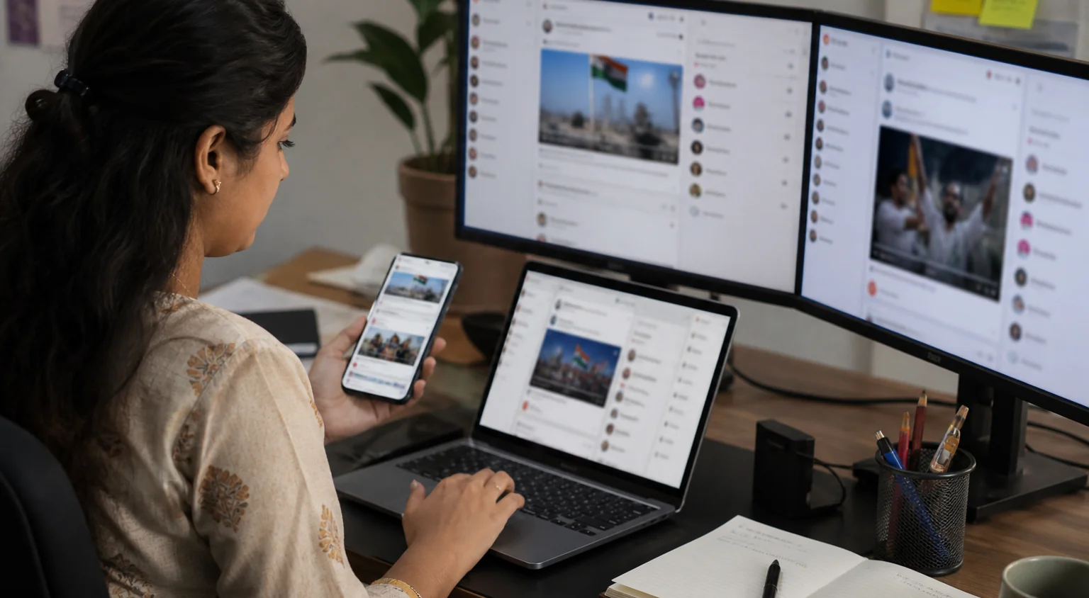 An operator publishing campaign content from a laptop and phone