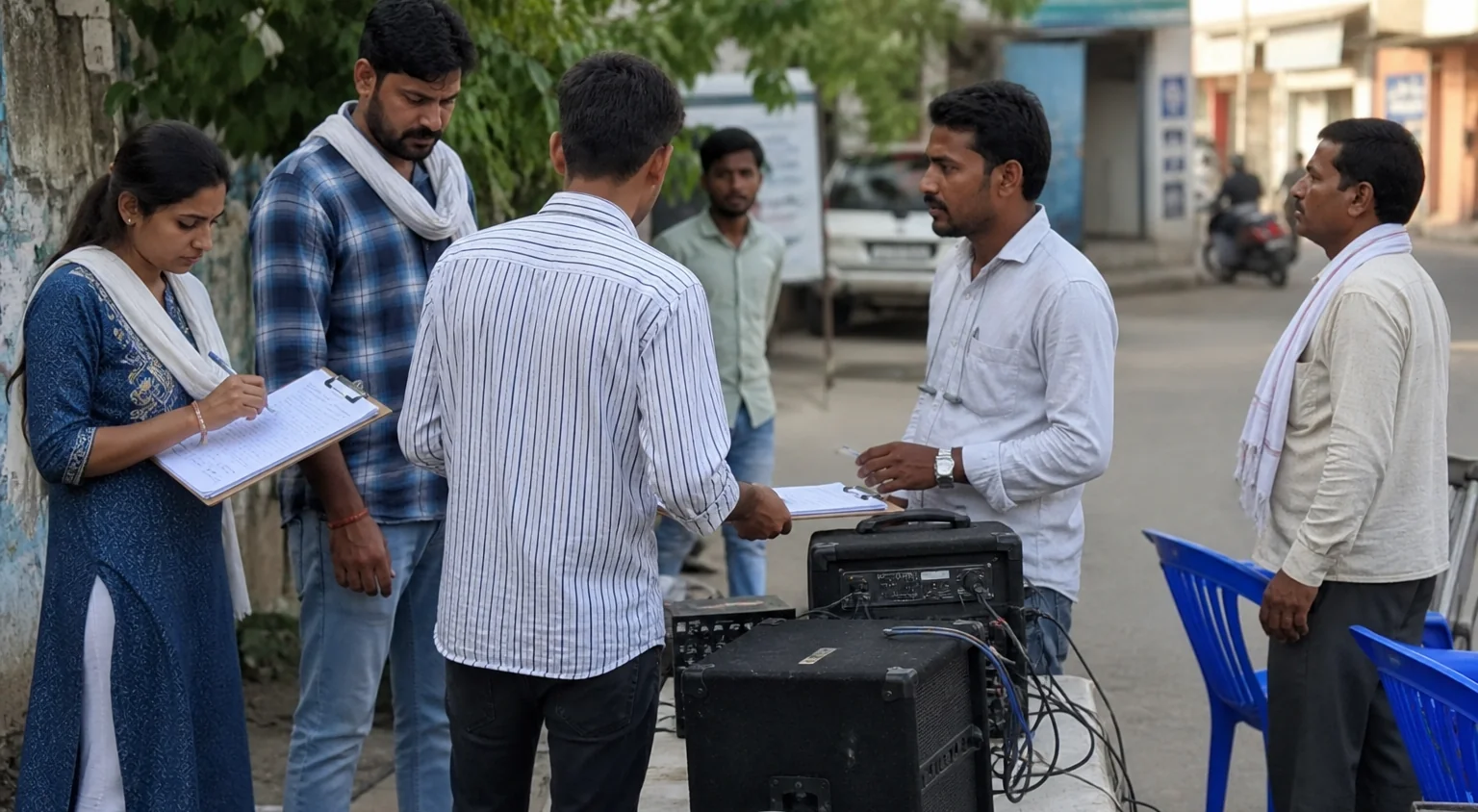 Field volunteers setting up a small sound system at a street corner