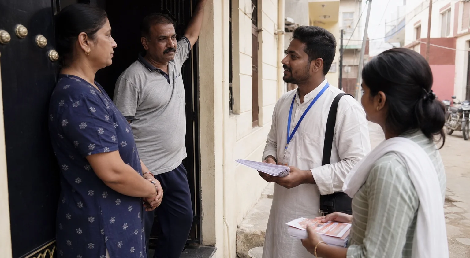 Volunteers speaking with a family at a residential doorway