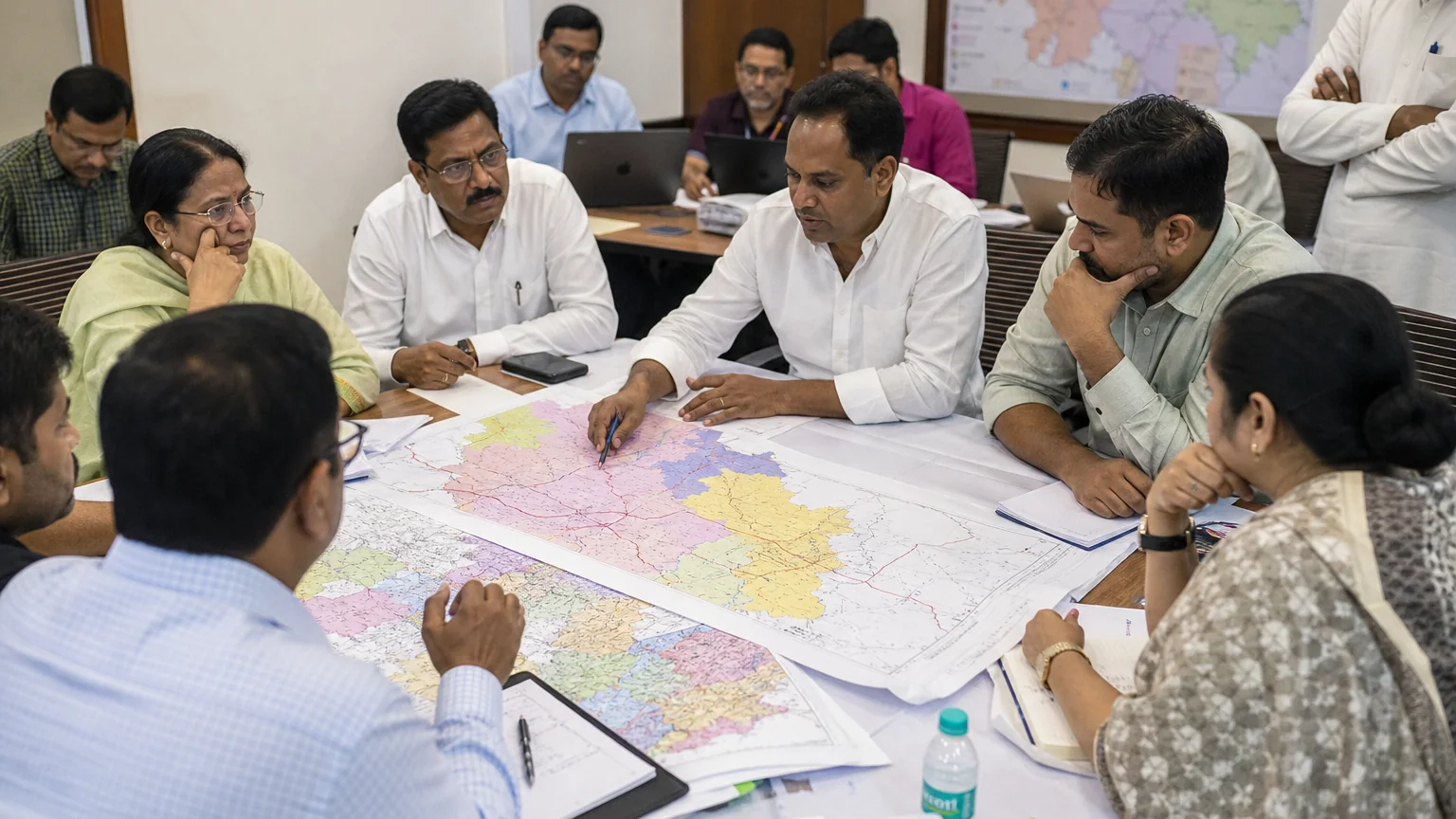 Campaign staff planning routes around printed maps and laptops in a bright meeting room