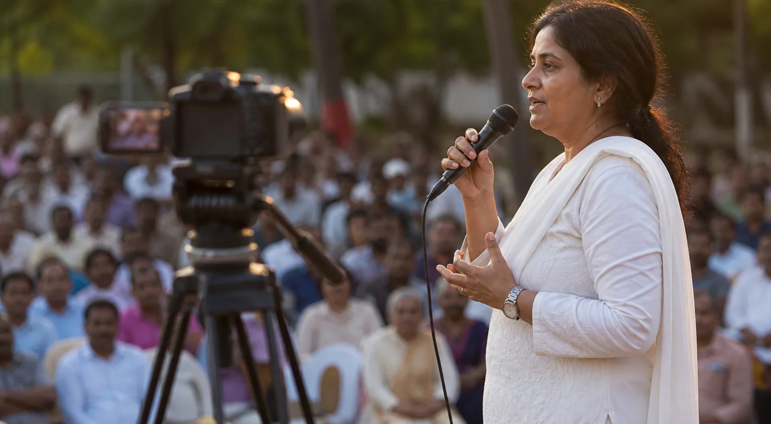 A camera filming a community speaker at an outdoor gathering in golden hour