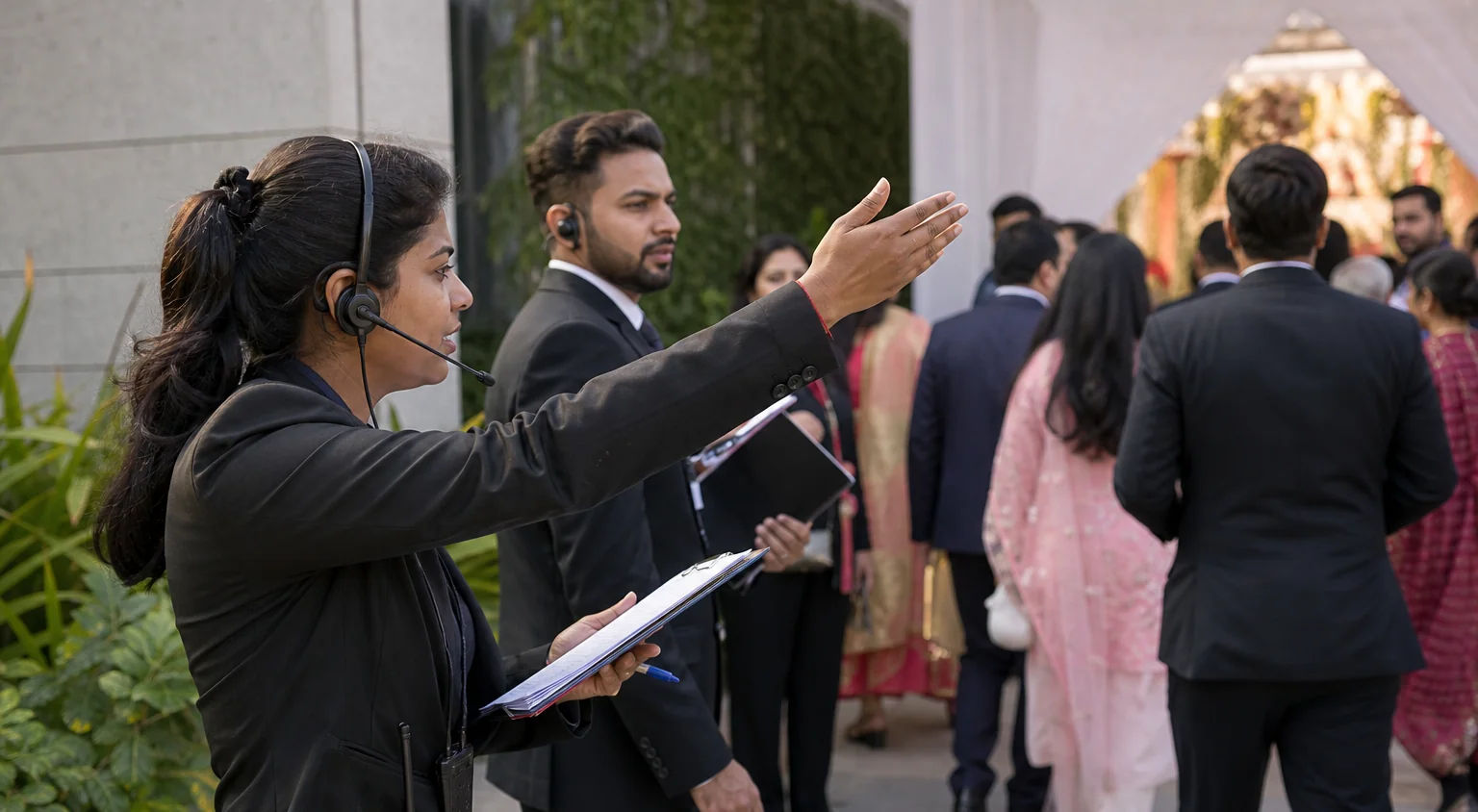 Event staff with headsets directing guests at an entrance