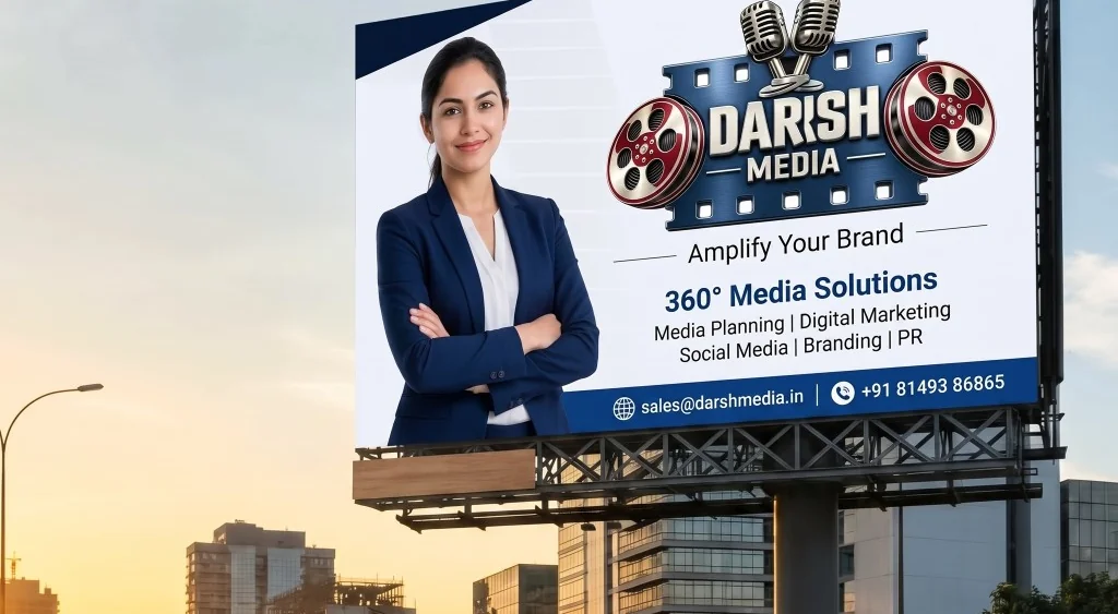A large Darsh Media outdoor billboard in a city at golden hour, showing Amplify Your Brand, 360° Media Solutions, and official contact details