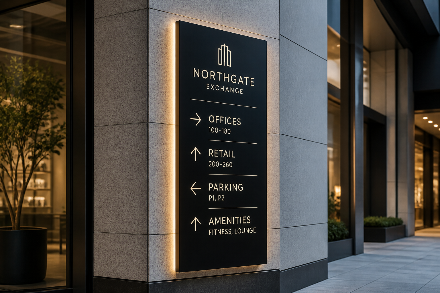A sleek modern directional signboard with elegant typography and subtle backlighting mounted on the facade of a contemporary retail building