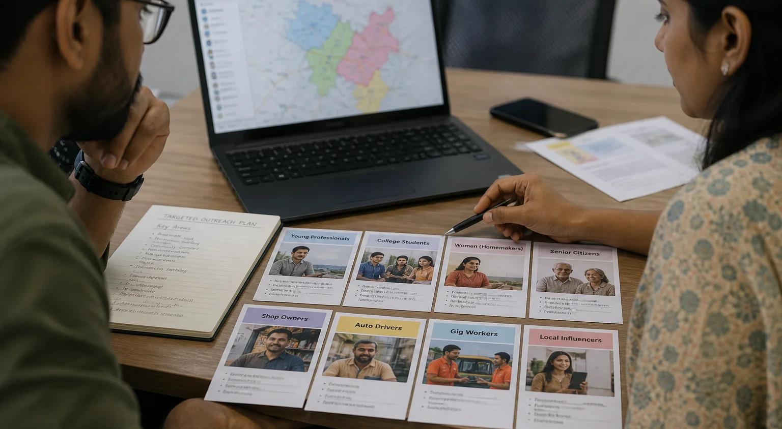 Audience-segment cards and a laptop used for targeted outreach planning