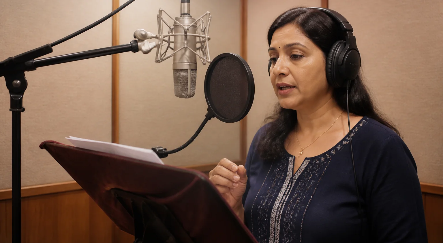 A voice artist recording an announcement in a booth with a microphone and headphones