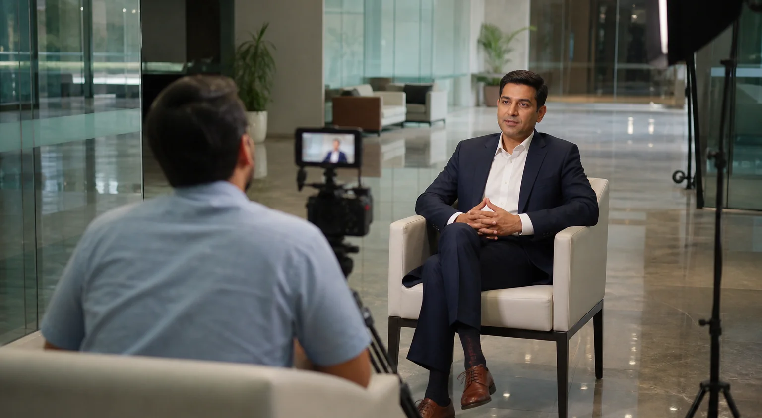 A corporate video interview being filmed in a modern office lobby