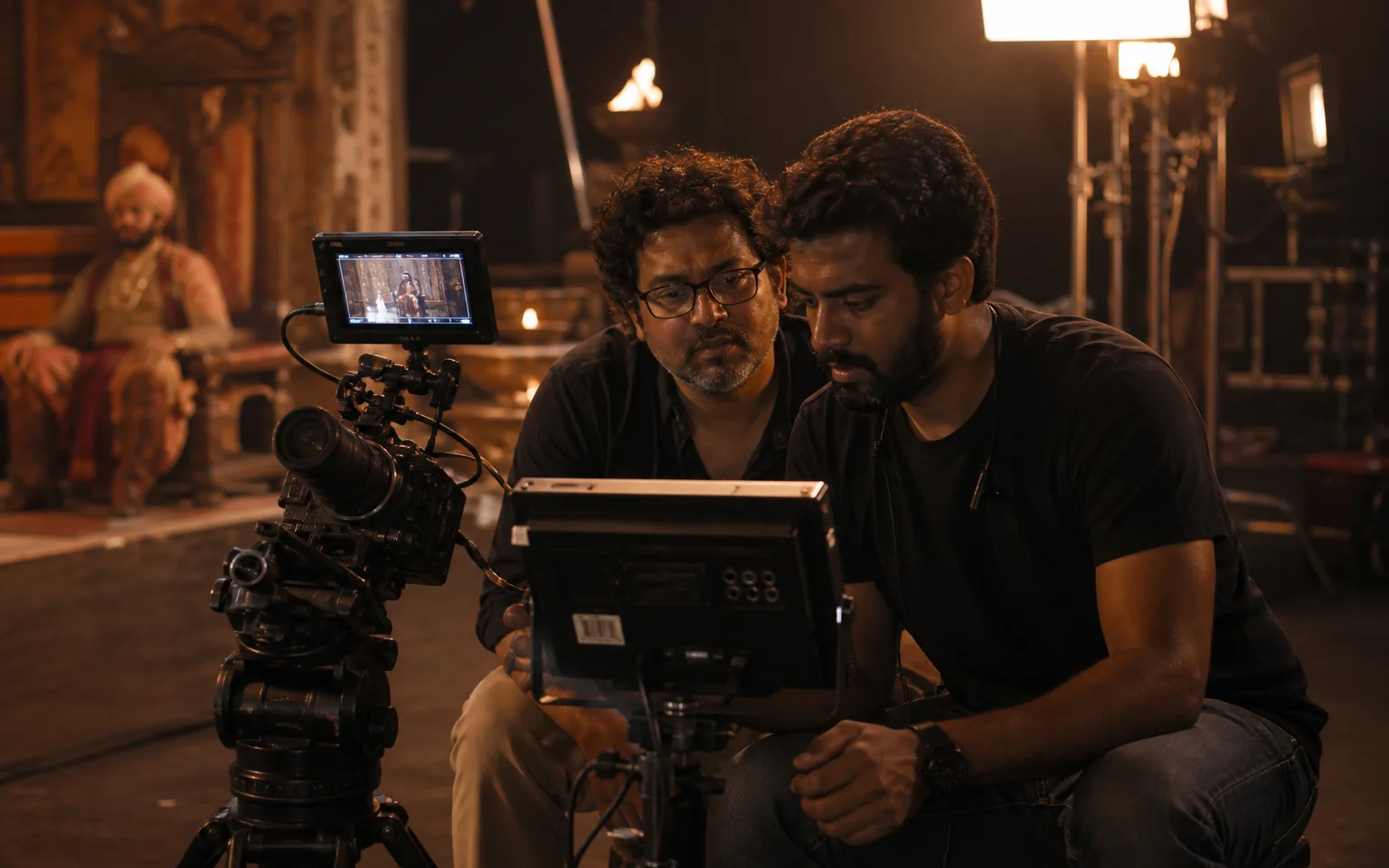 A professional video production set with a cinema camera, lights and crew reviewing a shot on a monitor