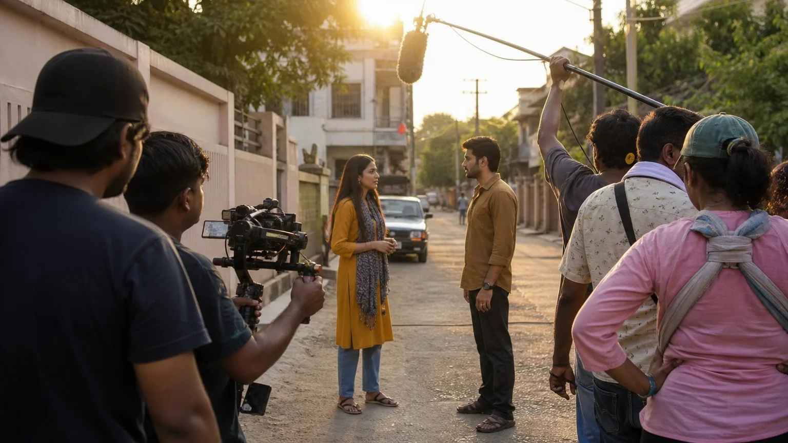 A film crew shooting on an Indian city street at golden hour with a gimbal camera and boom microphone