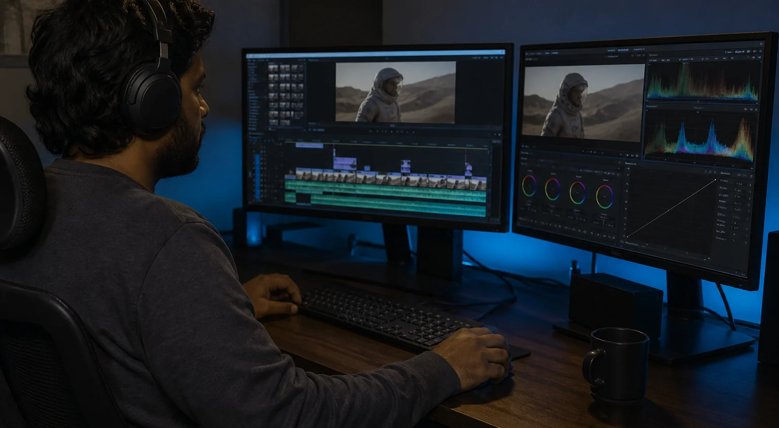 A video editor working on dual monitors in a dim colour-grading suite