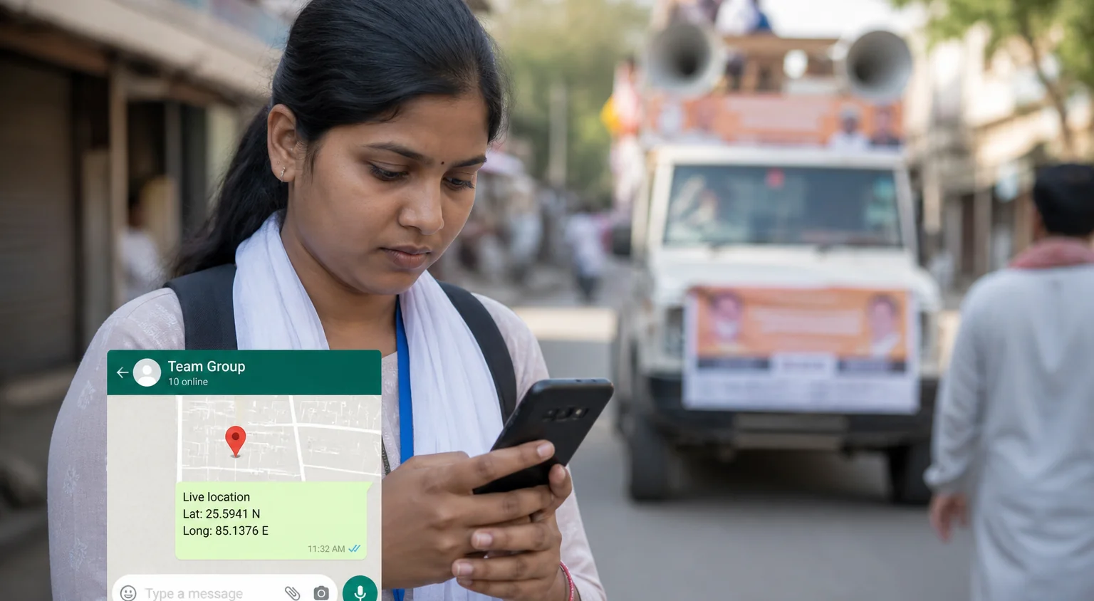 A field volunteer sending a location update from a smartphone on a city street