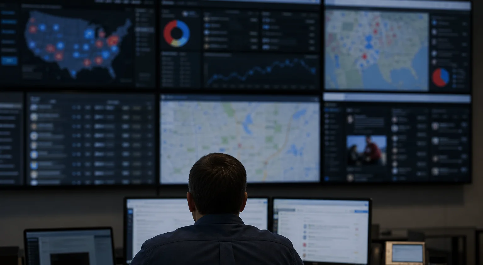 A monitoring wall of screens showing maps and activity dashboards