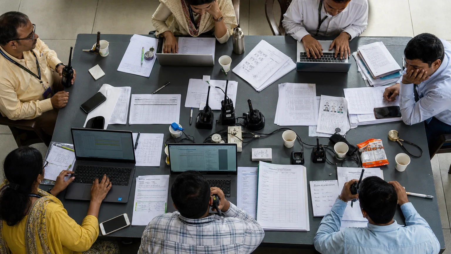 An overhead view of laptops, printed daily reports and radios on a campaign operations table