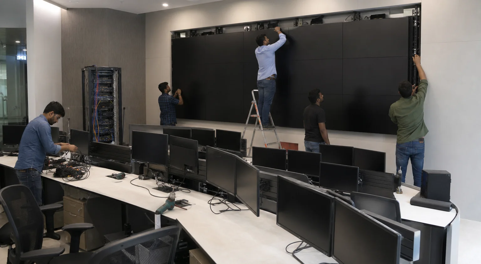 Technicians setting up large screens and desks for a campaign war room